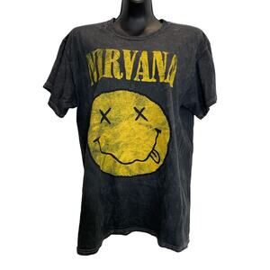 Nirvana Gray Distressed Smiley Face T-Shirt - Medium